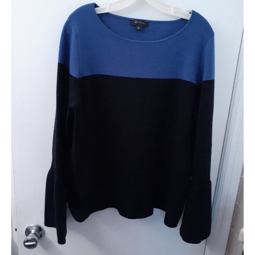 ann taylor sweater Xl Blue Black Colorblock bell sleeve pullover wool blend